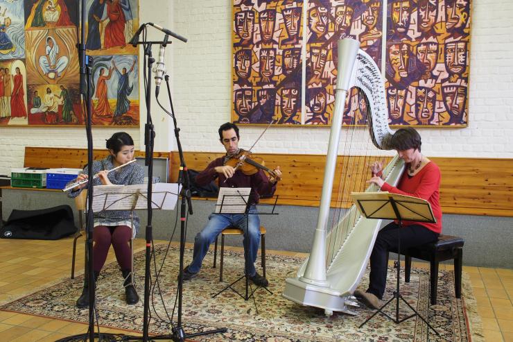 flute, viola and harp